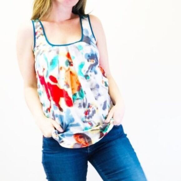 Anthropologie Fei Liquid Bouquet Floral Tank Top Sz Small Red Blue Watercolor - Picture 2 of 8